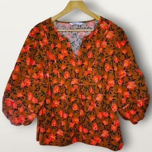 Sonoma Floral Corduroy Blouse Size 2X Orange Poppies Cottagecore Boho Festival